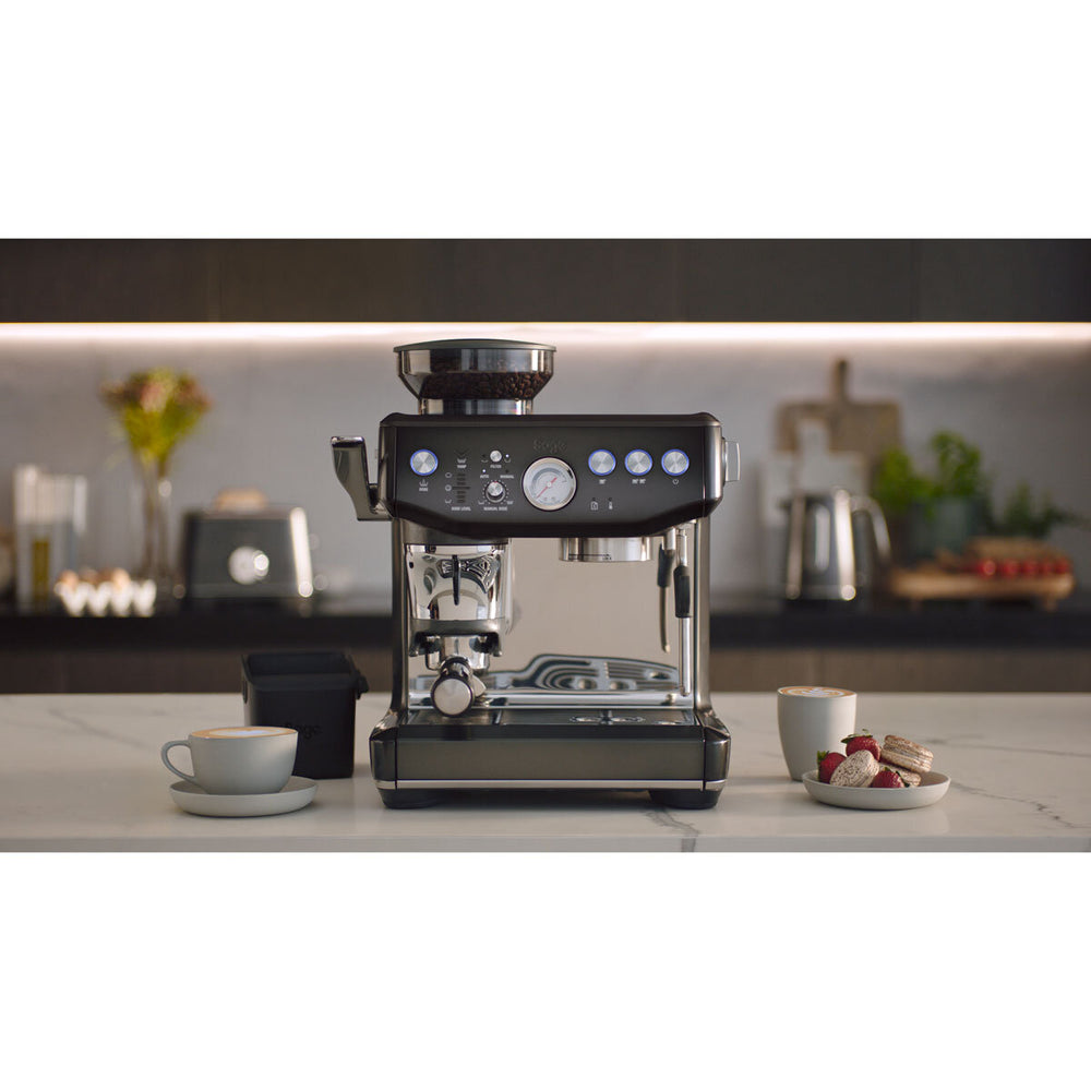 the Barista Express Impress Bean to Cup Coffee Machine in Black Stainless Steel, SES876BST4GUK1