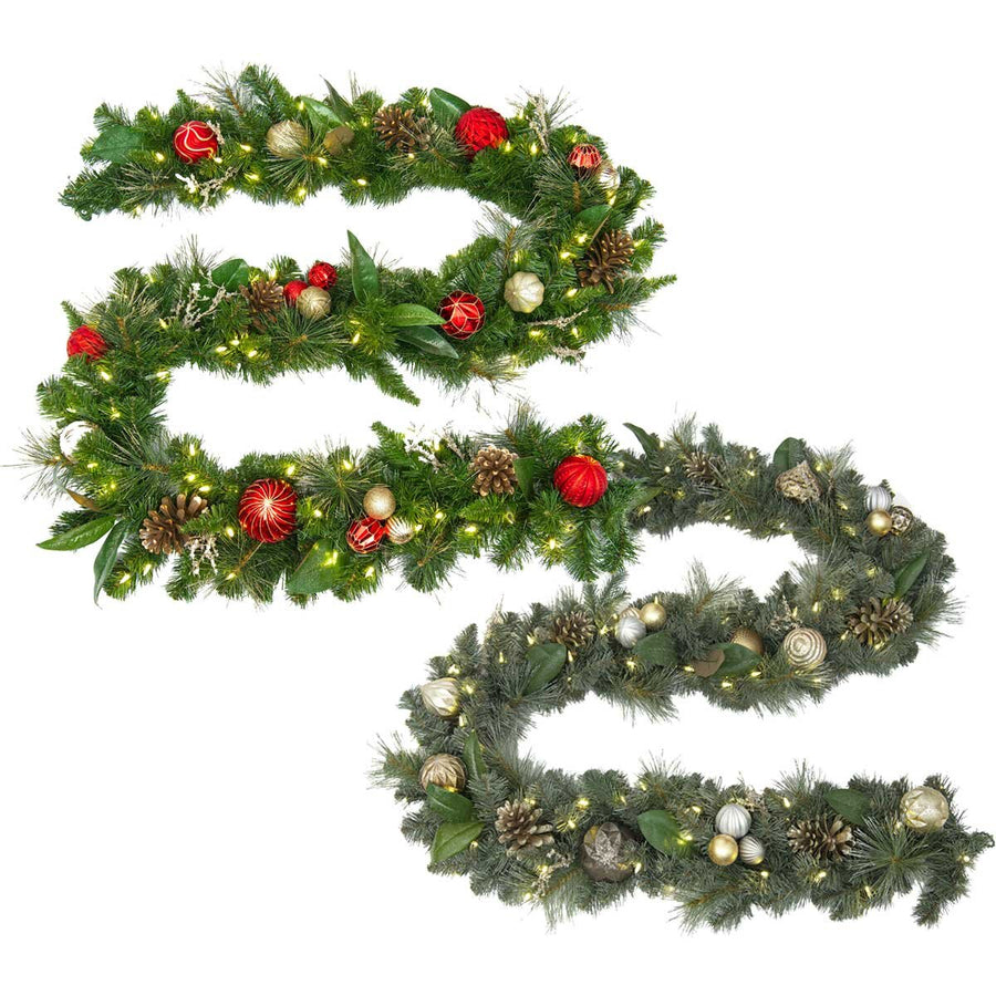 9Ft (2.7M) Pre-Lit Decorated Garland with 100 Warm White LED Lights in Gold and Red