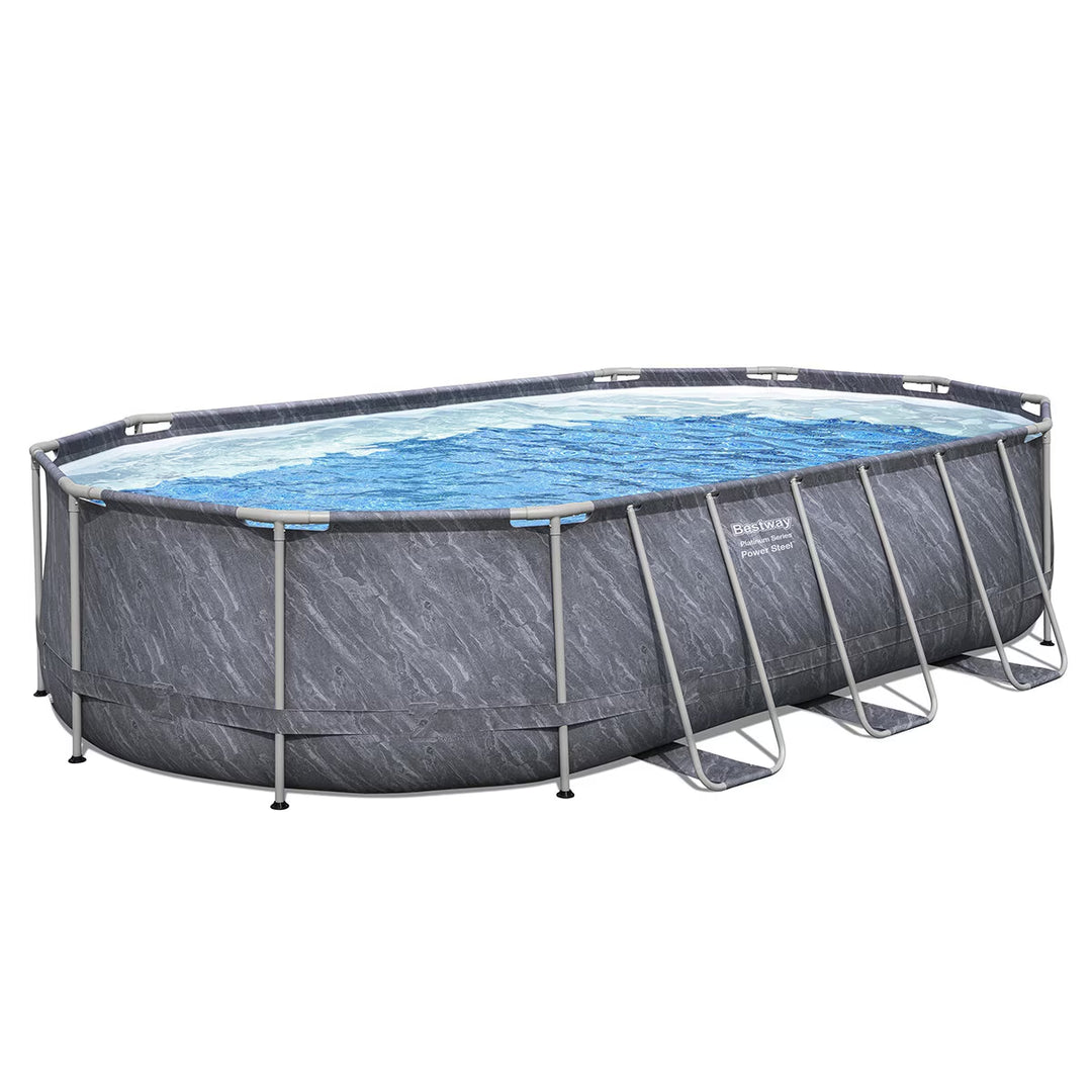 20Ft X 12Ft Platinum Series Power Steel Oval Frame Pool with Sand Filter Pump and Solar Powered Pool Pad