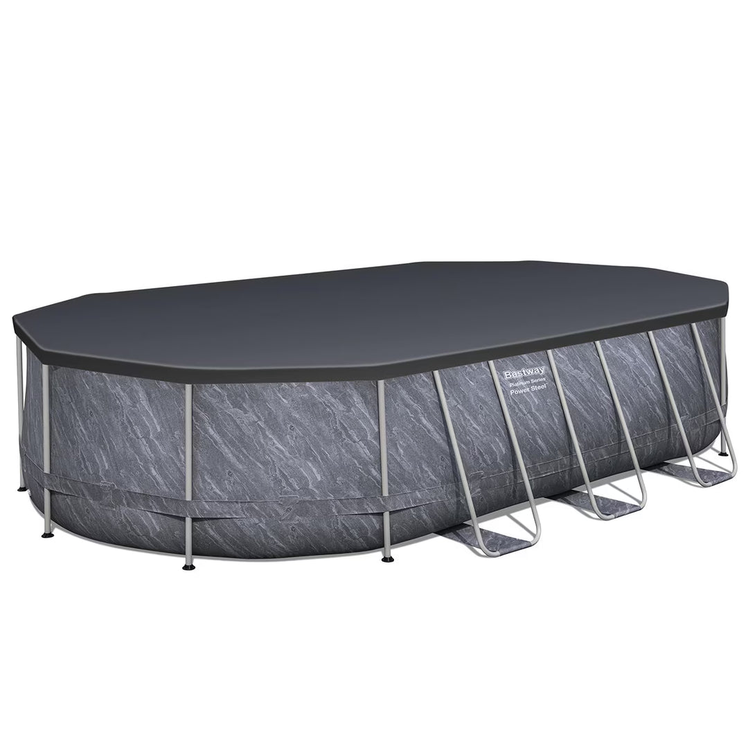 20Ft X 12Ft Platinum Series Power Steel Oval Frame Pool with Sand Filter Pump and Solar Powered Pool Pad