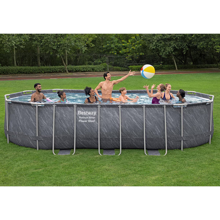 20Ft X 12Ft Platinum Series Power Steel Oval Frame Pool with Sand Filter Pump and Solar Powered Pool Pad