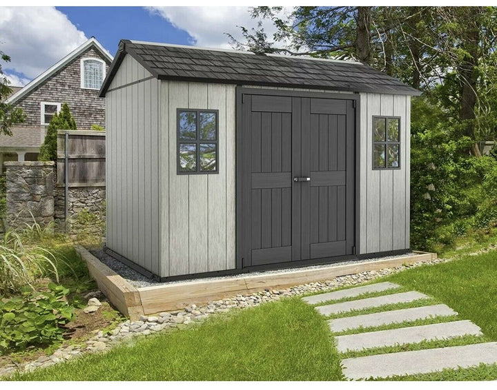 Keter shed Oakland 11ft x 7ft outdoor shed (3.4 x 2.3m) heavy duty Side Door stainless steel garden 15 years warranty